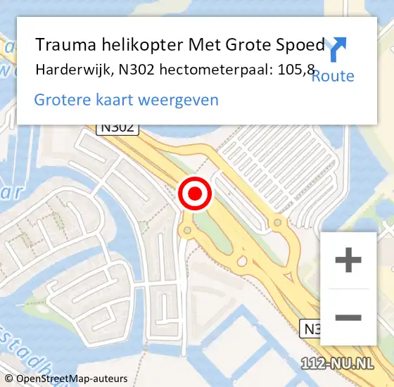 Locatie op kaart van de 112 melding: Trauma helikopter Met Grote Spoed Naar Harderwijk, N302 hectometerpaal: 105,8 op 23 mei 2022 19:39