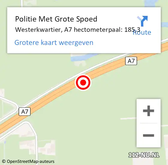 Locatie op kaart van de 112 melding: Politie Met Grote Spoed Naar Westerkwartier, A7 hectometerpaal: 185,3 op 23 mei 2022 21:25