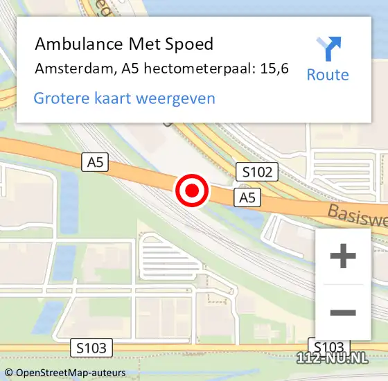 Locatie op kaart van de 112 melding: Ambulance Met Spoed Naar Amsterdam, A5 hectometerpaal: 15,6 op 23 mei 2022 21:29