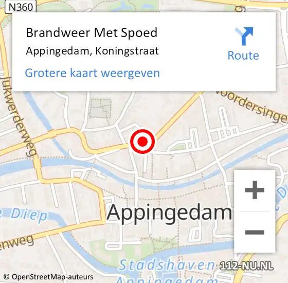 Locatie op kaart van de 112 melding: Brandweer Met Spoed Naar Appingedam, Koningstraat op 23 mei 2022 21:33