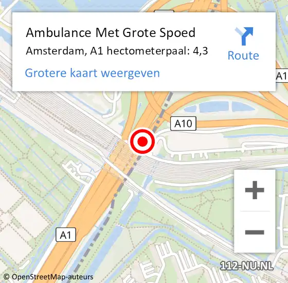 Locatie op kaart van de 112 melding: Ambulance Met Grote Spoed Naar Amsterdam, A1 hectometerpaal: 4,3 op 23 mei 2022 23:08