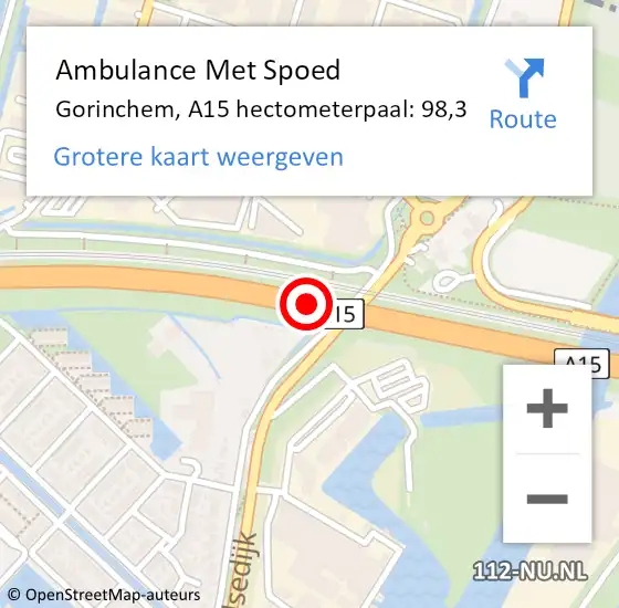 Locatie op kaart van de 112 melding: Ambulance Met Spoed Naar Gorinchem, A15 hectometerpaal: 98,3 op 24 mei 2022 00:54