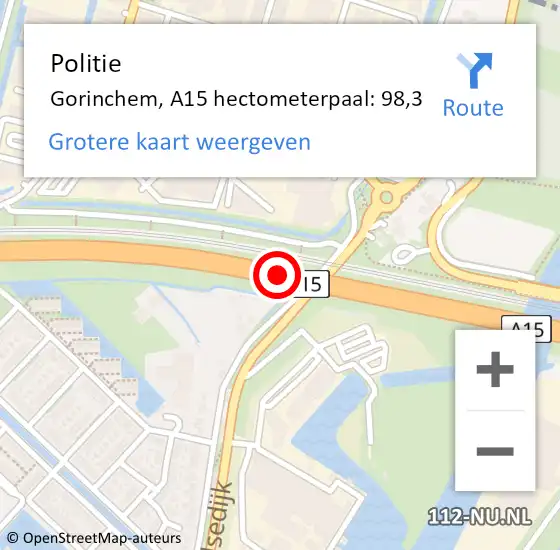 Locatie op kaart van de 112 melding: Politie Gorinchem, A15 hectometerpaal: 98,3 op 24 mei 2022 00:56