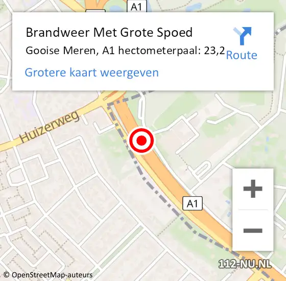 Locatie op kaart van de 112 melding: Brandweer Met Grote Spoed Naar Gooise Meren, A1 hectometerpaal: 23,2 op 24 mei 2022 06:32