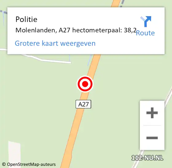 Locatie op kaart van de 112 melding: Politie Molenlanden, A27 hectometerpaal: 38,2 op 24 mei 2022 08:32