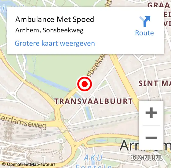 Locatie op kaart van de 112 melding: Ambulance Met Spoed Naar Arnhem, Sonsbeekweg op 24 mei 2022 09:24