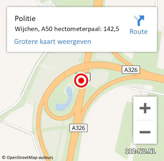 Locatie op kaart van de 112 melding: Politie Wijchen, A50 hectometerpaal: 142,5 op 24 mei 2022 09:49