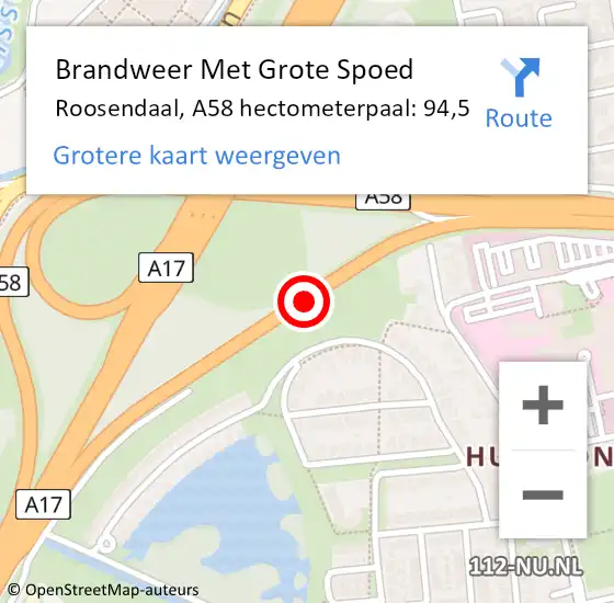 Locatie op kaart van de 112 melding: Brandweer Met Grote Spoed Naar Roosendaal, A58 hectometerpaal: 94,5 op 24 mei 2022 16:45