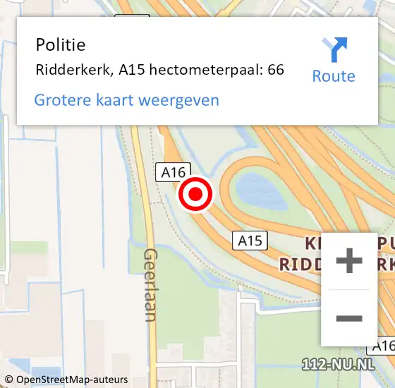 Locatie op kaart van de 112 melding: Politie Ridderkerk, A15 hectometerpaal: 66 op 24 mei 2022 16:52