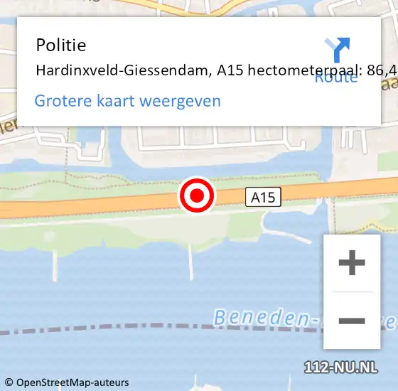 Locatie op kaart van de 112 melding: Politie Hardinxveld-Giessendam, A15 hectometerpaal: 86,4 op 24 mei 2022 17:40