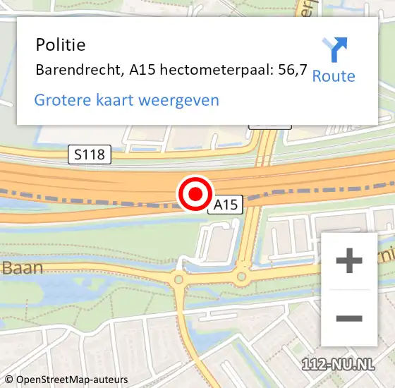 Locatie op kaart van de 112 melding: Politie Barendrecht, A15 hectometerpaal: 56,7 op 24 mei 2022 18:40