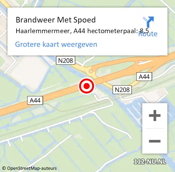 Locatie op kaart van de 112 melding: Brandweer Met Spoed Naar Haarlemmermeer, A44 hectometerpaal: 8,5 op 24 mei 2022 18:47