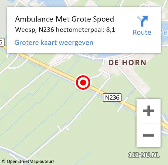 Locatie op kaart van de 112 melding: Ambulance Met Grote Spoed Naar Weesp, N236 hectometerpaal: 8,1 op 24 mei 2022 19:54