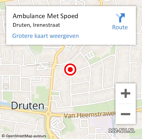 Locatie op kaart van de 112 melding: Ambulance Met Spoed Naar Druten, Irenestraat op 24 mei 2022 19:59