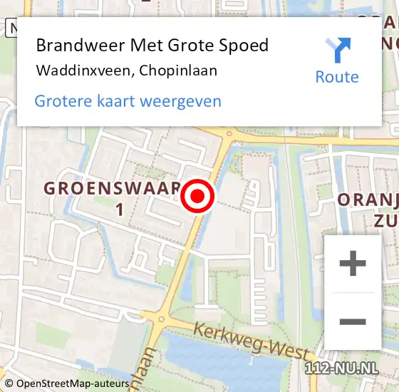 Locatie op kaart van de 112 melding: Brandweer Met Grote Spoed Naar Waddinxveen, Chopinlaan op 24 mei 2022 22:39