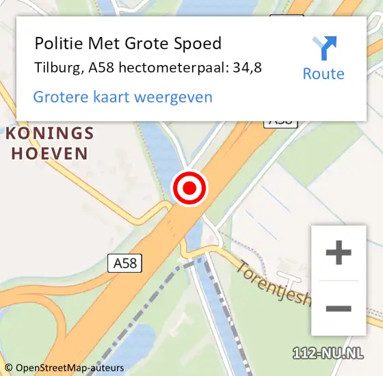 Locatie op kaart van de 112 melding: Politie Met Grote Spoed Naar Tilburg, A58 hectometerpaal: 34,8 op 24 mei 2022 23:05