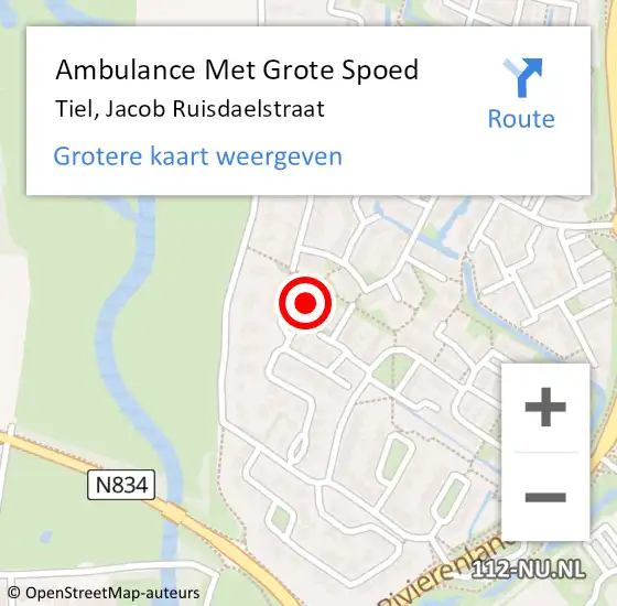 Locatie op kaart van de 112 melding: Ambulance Met Grote Spoed Naar Tiel, Jacob Ruisdaelstraat op 25 mei 2022 03:09