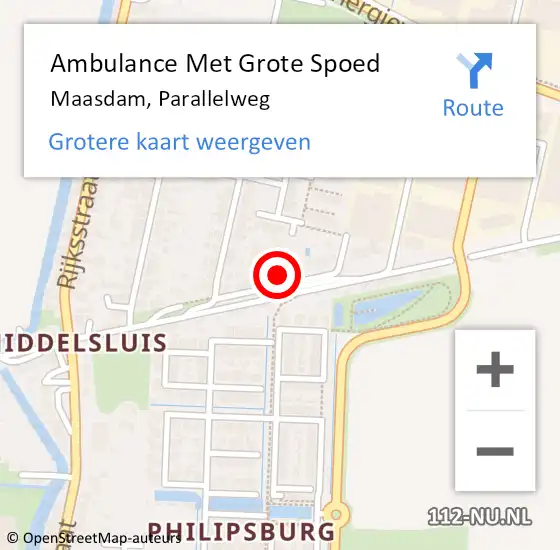 Locatie op kaart van de 112 melding: Ambulance Met Grote Spoed Naar Maasdam, Parallelweg op 25 mei 2022 04:05