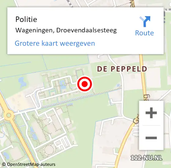 Locatie op kaart van de 112 melding: Politie Wageningen, Droevendaalsesteeg op 25 mei 2022 09:04