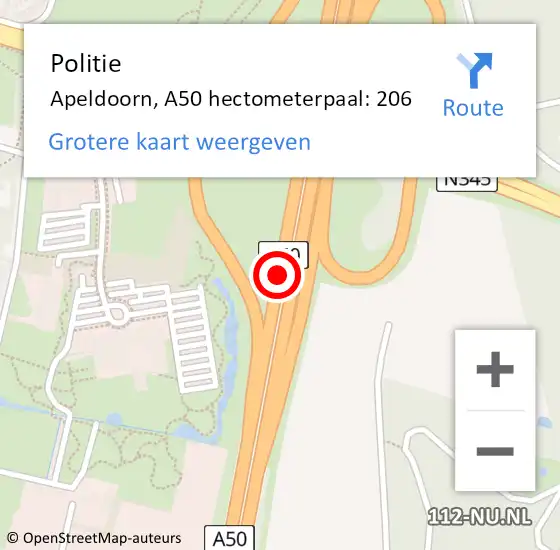 Locatie op kaart van de 112 melding: Politie Apeldoorn, A50 hectometerpaal: 206 op 25 mei 2022 09:18