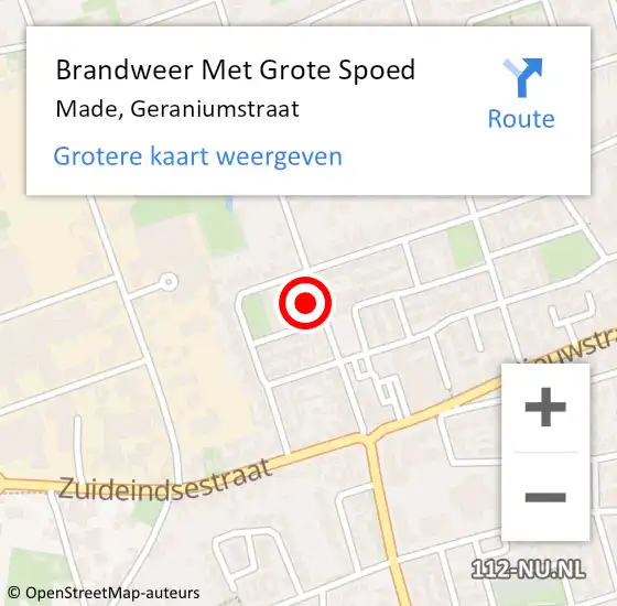 Locatie op kaart van de 112 melding: Brandweer Met Grote Spoed Naar Made, Geraniumstraat op 25 mei 2022 11:02