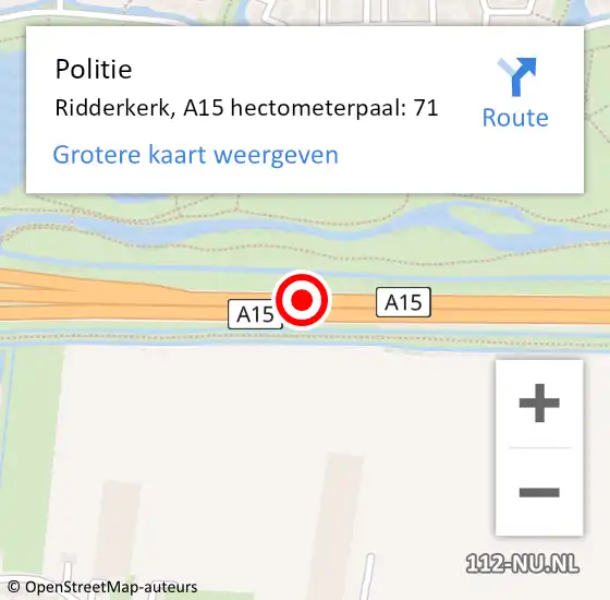 Locatie op kaart van de 112 melding: Politie Ridderkerk, A15 hectometerpaal: 71 op 25 mei 2022 12:02