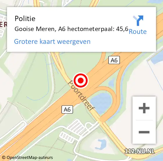 Locatie op kaart van de 112 melding: Politie Gooise Meren, A6 hectometerpaal: 45,6 op 25 mei 2022 12:10