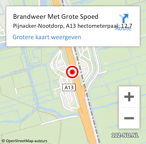 Locatie op kaart van de 112 melding: Brandweer Met Grote Spoed Naar Pijnacker-Nootdorp, A13 hectometerpaal: 12,7 op 25 mei 2022 13:10