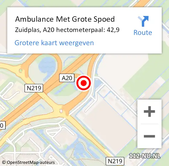 Locatie op kaart van de 112 melding: Ambulance Met Grote Spoed Naar Zuidplas, A20 hectometerpaal: 42,9 op 25 mei 2022 14:17