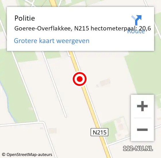 Locatie op kaart van de 112 melding: Politie Goeree-Overflakkee, N215 hectometerpaal: 20,6 op 25 mei 2022 15:40