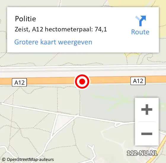Locatie op kaart van de 112 melding: Politie Zeist, A12 hectometerpaal: 74,1 op 25 mei 2022 15:51