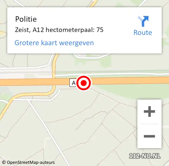 Locatie op kaart van de 112 melding: Politie Zeist, A12 hectometerpaal: 75 op 25 mei 2022 15:51