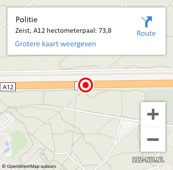 Locatie op kaart van de 112 melding: Politie Zeist, A12 hectometerpaal: 73,8 op 25 mei 2022 15:54