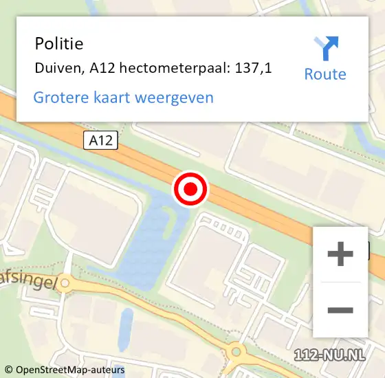 Locatie op kaart van de 112 melding: Politie Duiven, A12 hectometerpaal: 137,1 op 25 mei 2022 16:06