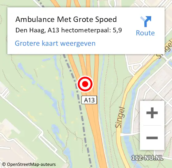 Locatie op kaart van de 112 melding: Ambulance Met Grote Spoed Naar Den Haag, A13 hectometerpaal: 5,9 op 25 mei 2022 17:46