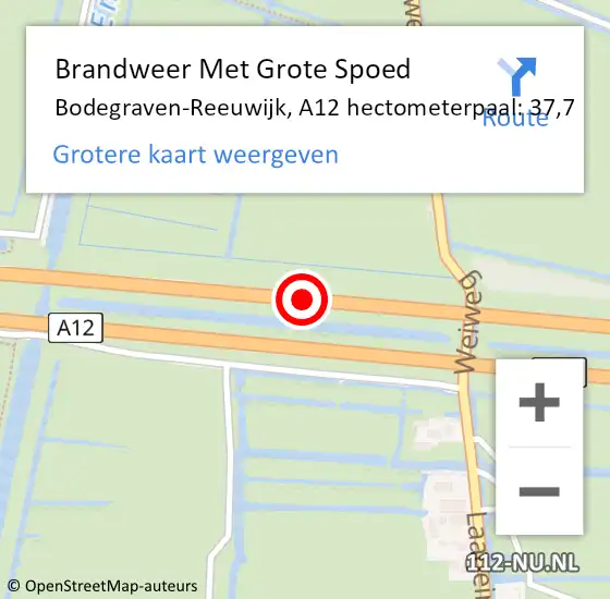 Locatie op kaart van de 112 melding: Brandweer Met Grote Spoed Naar Bodegraven-Reeuwijk, A12 hectometerpaal: 37,7 op 25 mei 2022 18:18