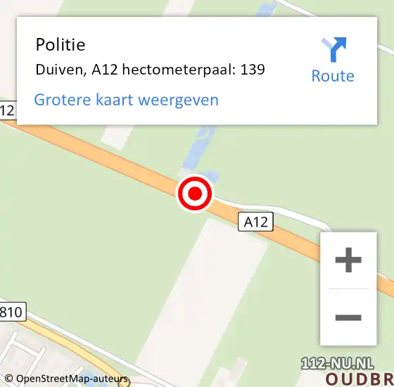 Locatie op kaart van de 112 melding: Politie Duiven, A12 hectometerpaal: 139 op 25 mei 2022 18:21