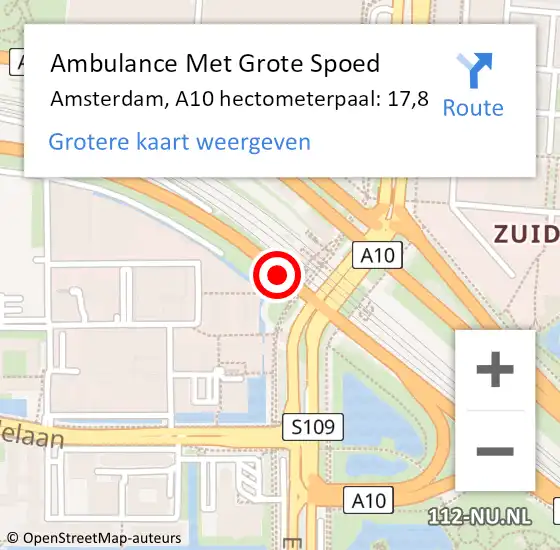 Locatie op kaart van de 112 melding: Ambulance Met Grote Spoed Naar Amsterdam, A10 hectometerpaal: 17,8 op 25 mei 2022 18:58