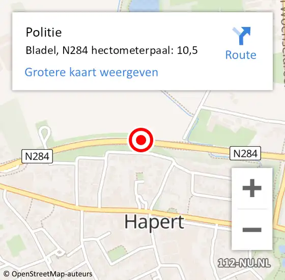 Locatie op kaart van de 112 melding: Politie Bladel, N284 hectometerpaal: 10,5 op 25 mei 2022 21:23