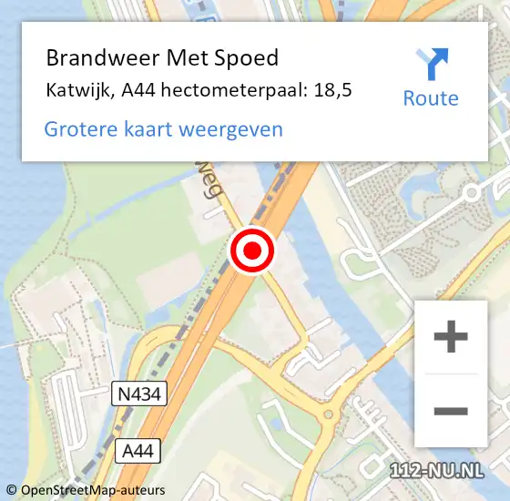 Locatie op kaart van de 112 melding: Brandweer Met Spoed Naar Katwijk, A44 hectometerpaal: 18,5 op 25 mei 2022 21:34