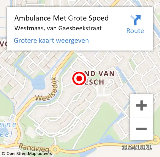 Locatie op kaart van de 112 melding: Ambulance Met Grote Spoed Naar Westmaas, van Gaesbeekstraat op 26 mei 2022 00:13