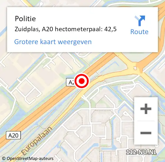 Locatie op kaart van de 112 melding: Politie Zuidplas, A20 hectometerpaal: 42,5 op 26 mei 2022 00:29