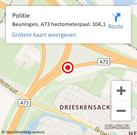 Locatie op kaart van de 112 melding: Politie Beuningen, A73 hectometerpaal: 104,1 op 26 mei 2022 04:52