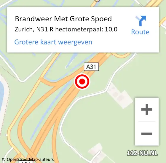 Locatie op kaart van de 112 melding: Brandweer Met Grote Spoed Naar Zurich, N31 R hectometerpaal: 10,0 op 18 juli 2014 12:27