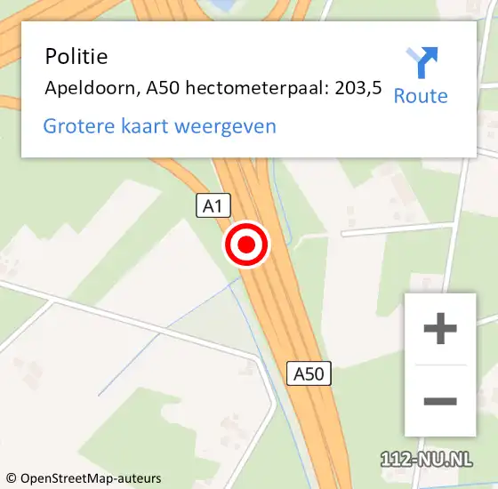 Locatie op kaart van de 112 melding: Politie Apeldoorn, A50 hectometerpaal: 203,5 op 26 mei 2022 08:59