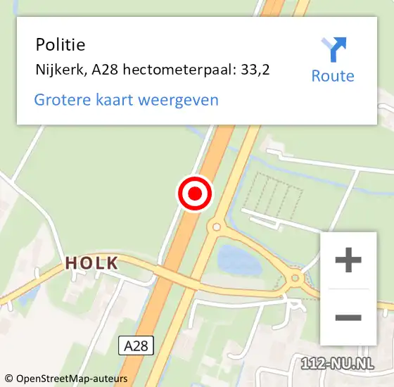 Locatie op kaart van de 112 melding: Politie Nijkerk, A28 hectometerpaal: 33,2 op 26 mei 2022 09:21