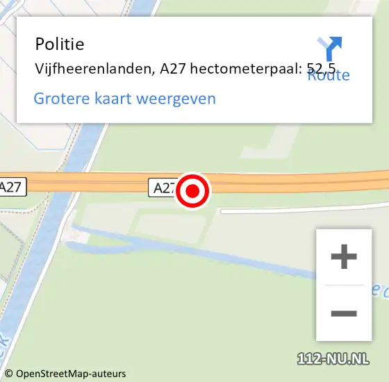 Locatie op kaart van de 112 melding: Politie Vijfheerenlanden, A27 hectometerpaal: 52,5 op 26 mei 2022 11:47