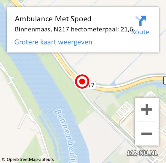 Locatie op kaart van de 112 melding: Ambulance Met Spoed Naar Binnenmaas, N217 hectometerpaal: 21,6 op 26 mei 2022 12:35