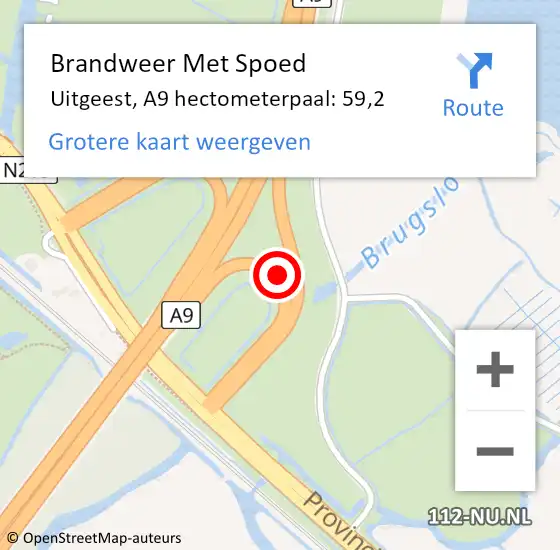 Locatie op kaart van de 112 melding: Brandweer Met Spoed Naar Uitgeest, A9 hectometerpaal: 59,2 op 26 mei 2022 12:36