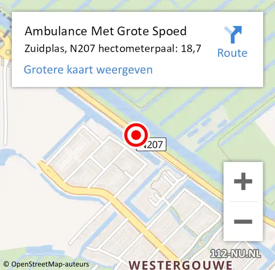 Locatie op kaart van de 112 melding: Ambulance Met Grote Spoed Naar Zuidplas, N207 hectometerpaal: 18,7 op 26 mei 2022 12:48